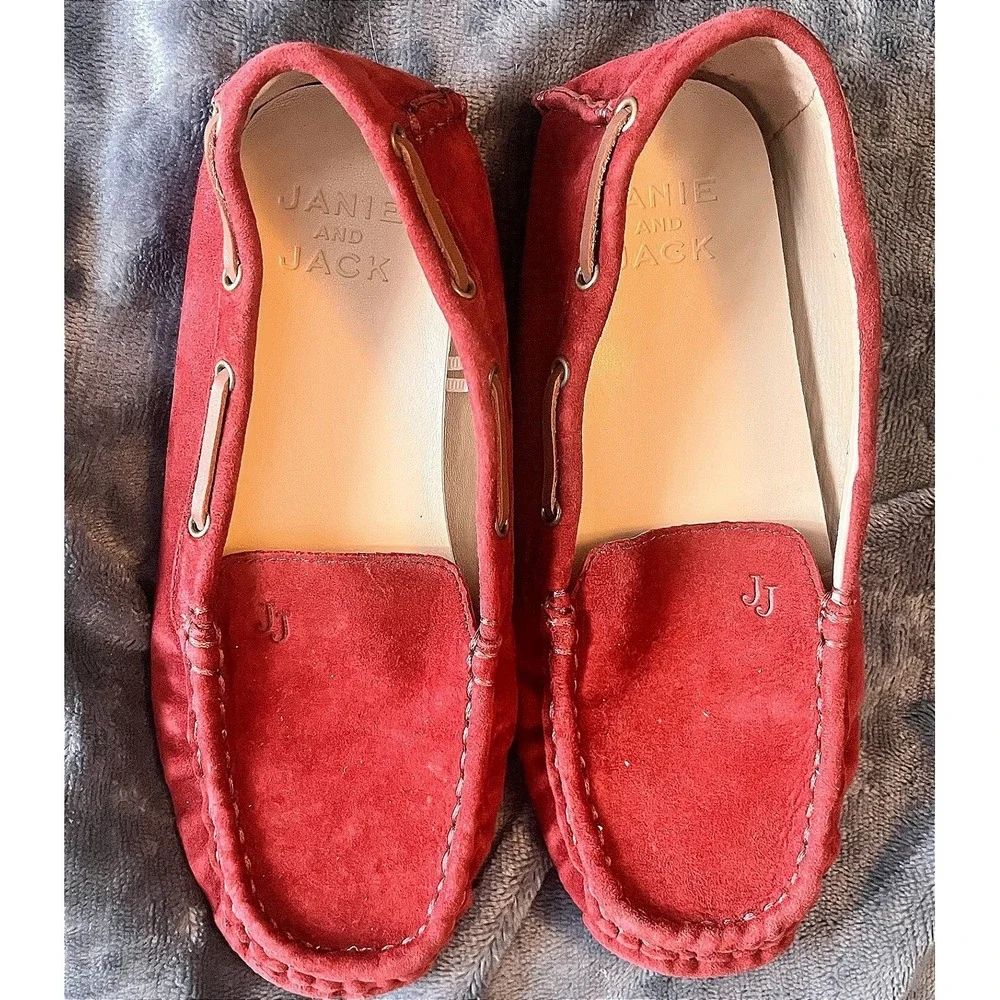 Janie and Jack Burgundy Suede Driving Loafers‎ Moc Toe Slip On Shoes JJ Logo
